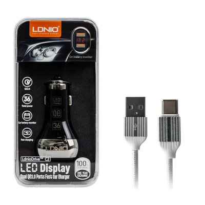 АЗП USB LDNIO C2 6 A 36 W QC 3.0 2 в 1 (адаптер + кабель USB - Type-C) 2 USB з цифровою індикацією 00-00020112 фото