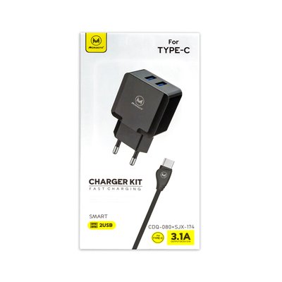 Зарядний пристрій USB MIMACRO CDQ 080 3.1 A 2 в 1 (адаптер + кабель USB - Type-C) чорне 00-00020102 фото