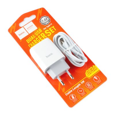 Зарядний пристрій HOCO C73A 2 х USB, з кабелем Type-C 2.4 А білий 00-00024008 фото